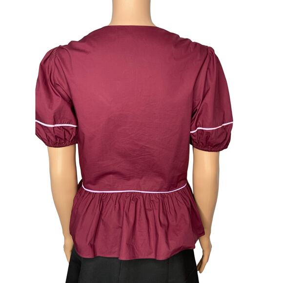 English Factory women’s Piping Detail Top Short Puff Sleeve size XS Burgundy - Picture 6 of 8